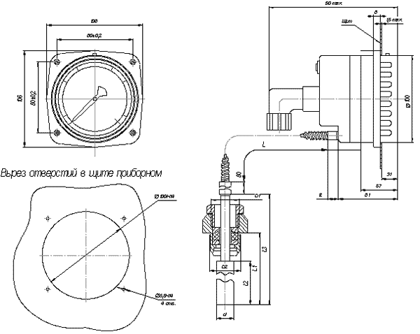 Габаритные и присоединительные размеры термометра конденсационного ТКП-100-М1
