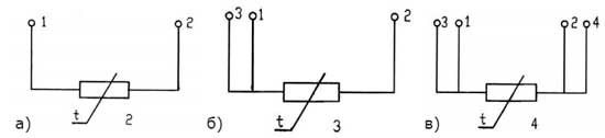 Схема соединения внутренних проводников термопреобразователя сопротивления с чувствительным элементом