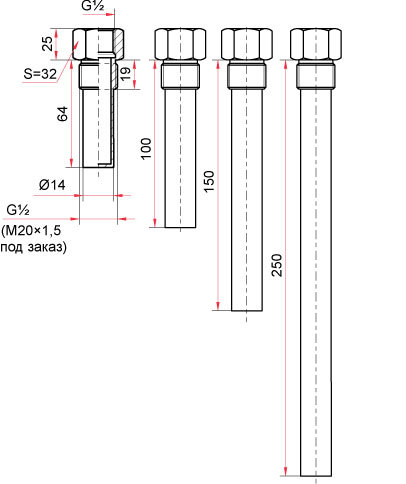 Габаритные размеры гильз из нержавеющей стали для коррозионностойкого термометра БТ с универсальным присоединением