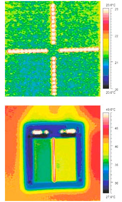 Вид на экране тепловизора Thermovision 470 фирмы AGEMA щелевой и крестовой миры на фоне излучающей поверхности ПЧТ-540/40/100