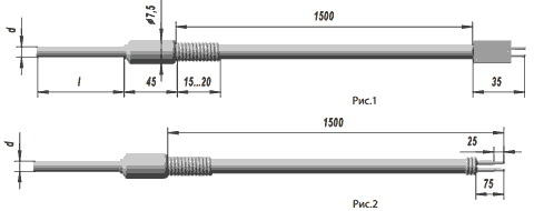 Конструктивные исполнения и габаритные размеры хромель-алюмелевого и хромель-копелевого термоэлектрического преобразователя ТХА 0002, ТХК 0002