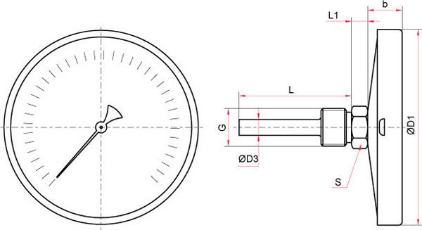 Габаритные размеры биметаллического термометра БТ в коррозионностойком исполнении с диаметром корпуса 100, 150* мм (осевое присоединение)