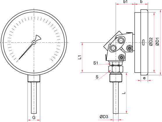 Габаритные размеры биметаллического термометра БТ в коррозионностойком исполнении с диаметром корпуса 80, 100 мм (универсальное присоединение)