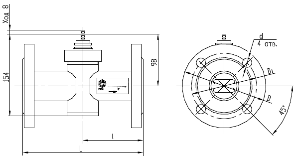 Габаритные и присоединительные размеры двухходового запорно-регулирующего клапана (регулятора температуры) КЗРД