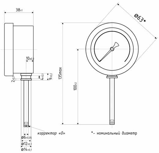Габаритные размеры термометра ТБф-120 (диаметр корпуса 63 мм, радиальный шток)