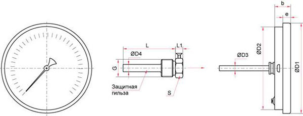 Габаритные размеры биметаллического термометра БТ в стандартном исполнении с диаметром корпуса 80, 100, 150 мм (осевое присоединение)