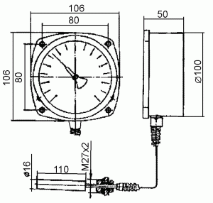 Габаритные и присоединительные размеры термометра ТКП-100С