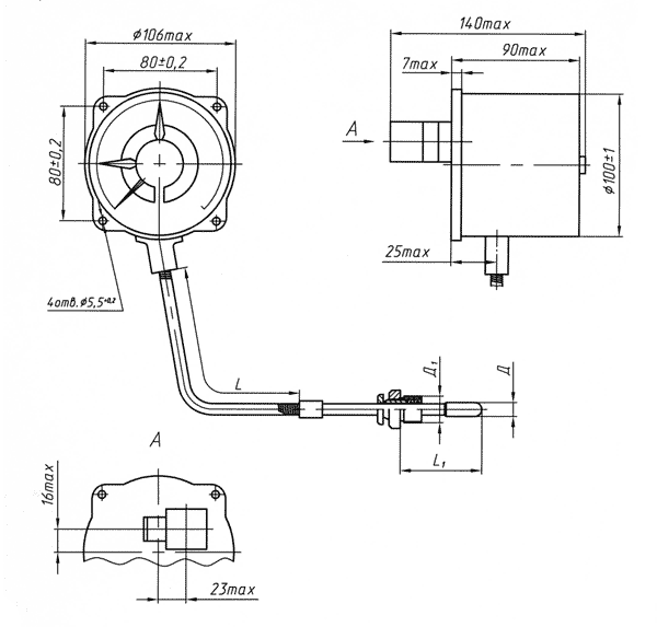 Габаритные и присоединительные размеры конденсационного термометра ТМ2030Сг-2