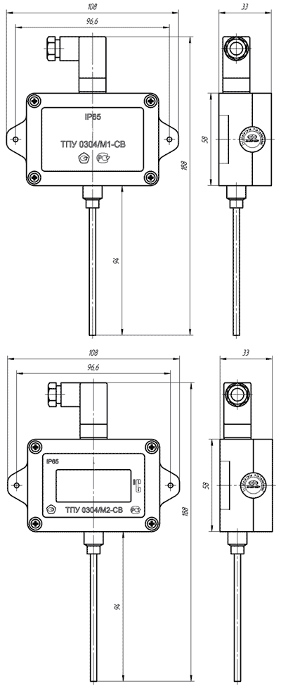 Габаритные размеры термопреобразователя ТПУ 0304/M1-СВ, ТПУ 0304/M2-СВ