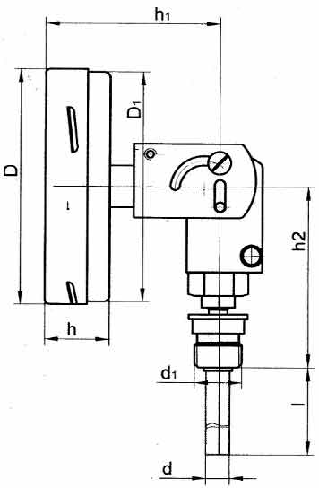 Габаритные и присоединительные размеры биметаллического термометра ТБПк с поворотно-откидным корпусом