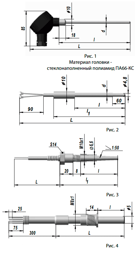 Габаритные размеры платинового и медного термопреобразователя сопротивления ТСП 9422, ТСМ 9422