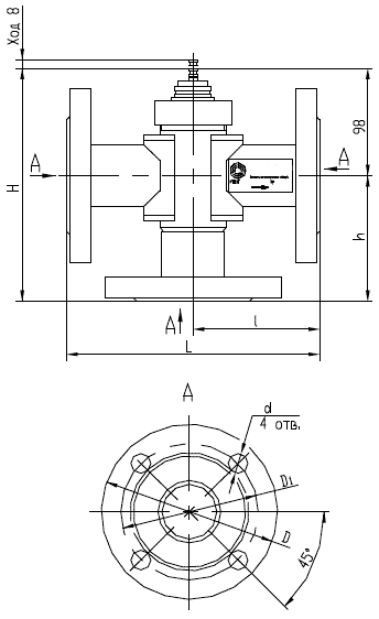 Габаритные и присоединительные размеры трёхходового запорно-регулирующего клапана (регулятора температуры) КЗРТ