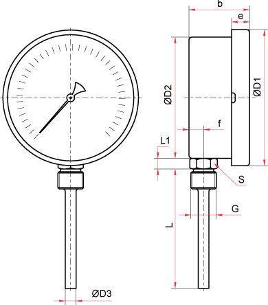 Габаритные размеры биметаллического термометра БТ в коррозионностойком исполнении с диаметром корпуса 100 мм (радиальное присоединение)