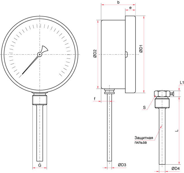 Габаритные размеры биметаллического термометра БТ в стандартном исполнении с диаметром корпуса 63, 100 мм (радиальное присоединение)