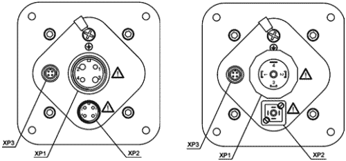 Вид сзади ТКП-100/М1 (слева) разъёмы 2РМ 22 (ХР1),2РМ14 (ХР2), М-614А-BNGD (ХР3); ТКП-100/М2 (справа) разъёмы GSP 311 (ХР1), GSSNA 300 (ХР2), М-614А-BNGD (ХР3).