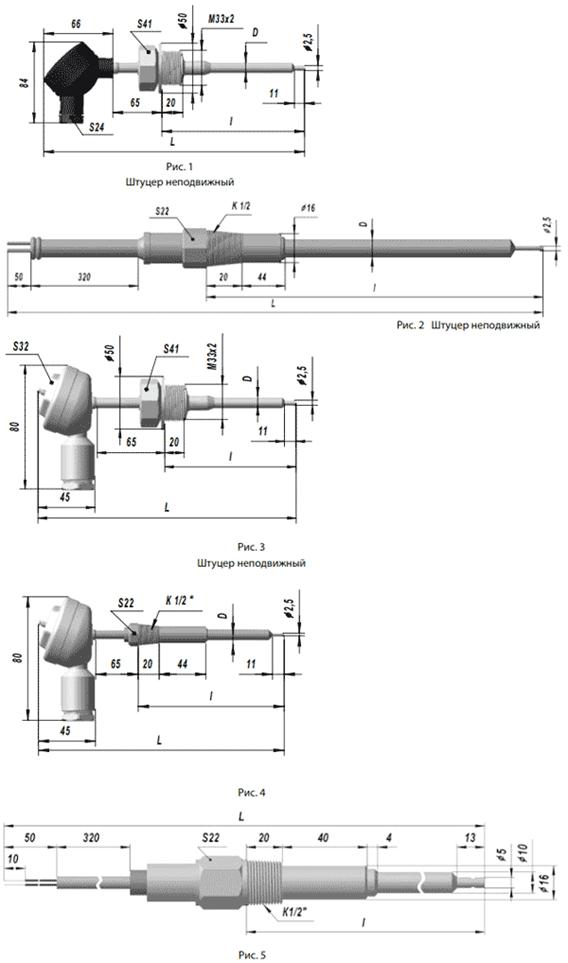 Исполнения и габаритные размеры термоэлектрического преобразователя ТХА 9415
