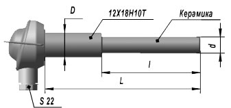 Конструктивные исполнения и габаритные размеры платинородий-платинородиевого термоэлектрического преобразователя ТПР 2 821 005, ТПР 2 821 006 (с температурой от +600 до +1600 °С)