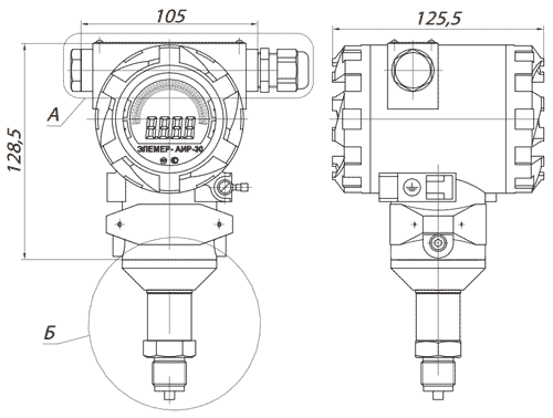 Габаритные и монтажные размеры преобразователя давления АИР-30 (модели с кодом сенсора S1 и S2. Масса, не более 2 кг)