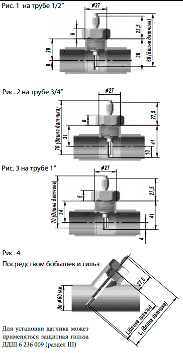 Способы установки датчиков КТСПР-9514 на объекте посредством стандартных тройников