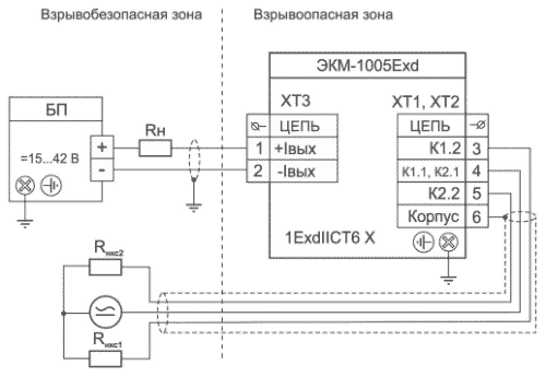 Схема электрическая подключений ЭКМ-1005Ехd через кабельный ввод с каналами сигнализации